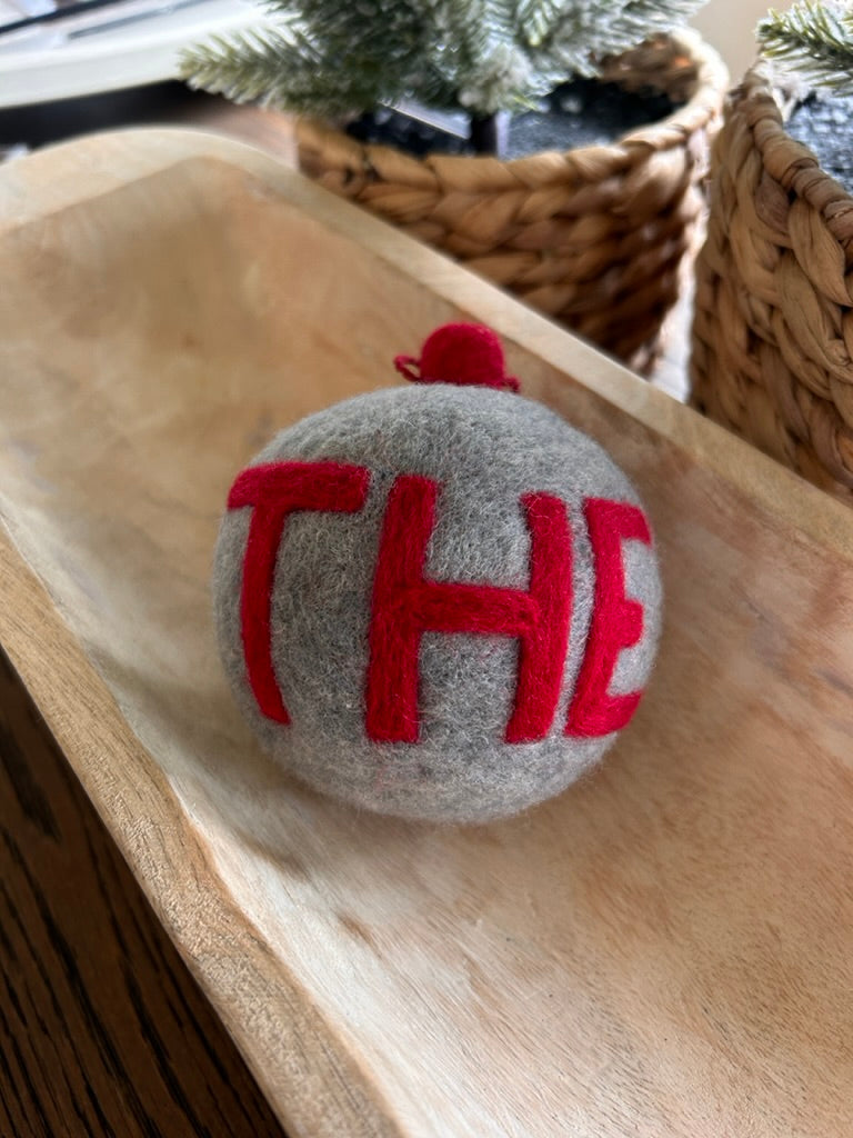 "THE" Grey with scarlet lettering