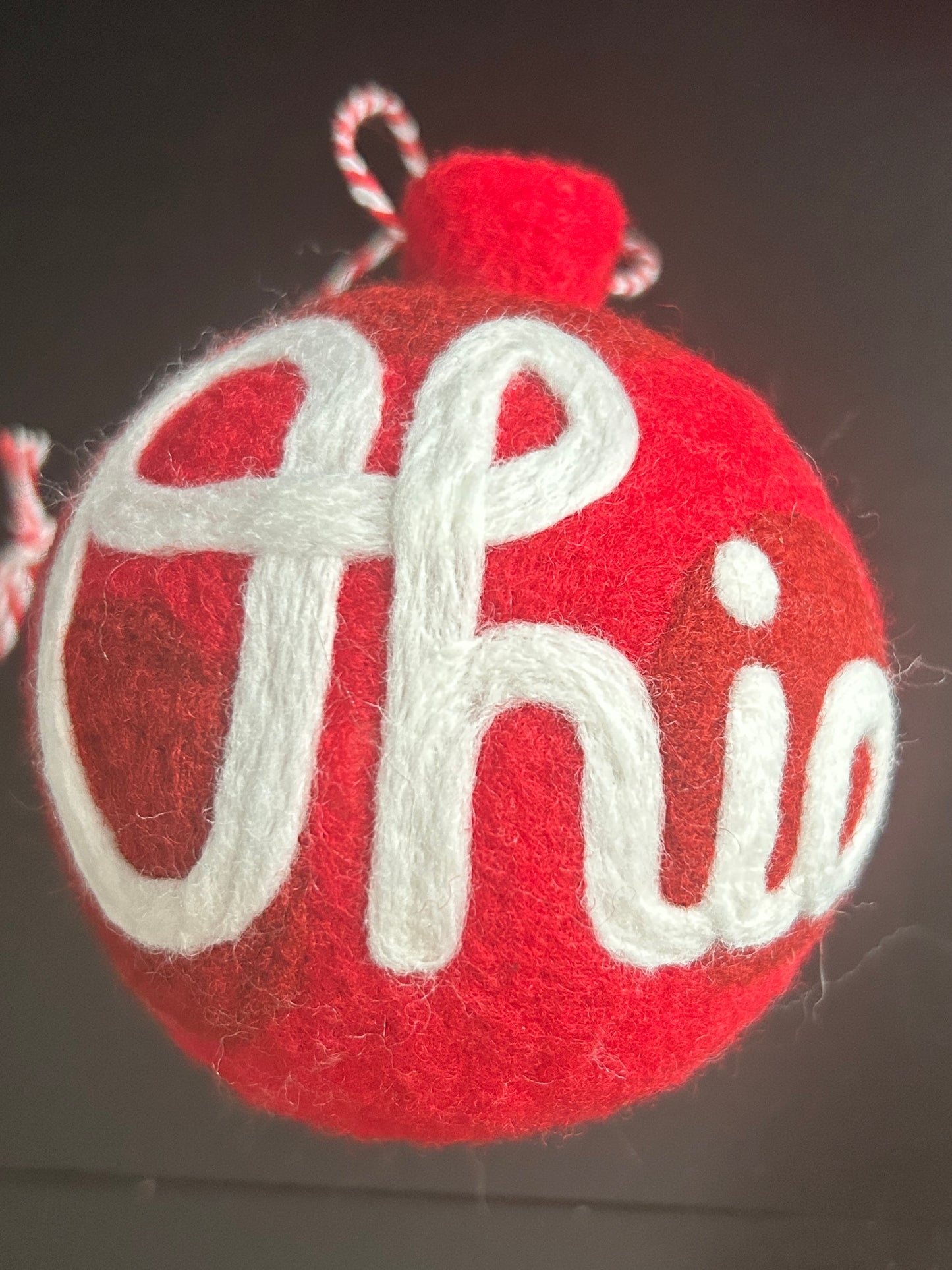 Script Ohio - Scarlet ornament with dark red dots and white script Ohio