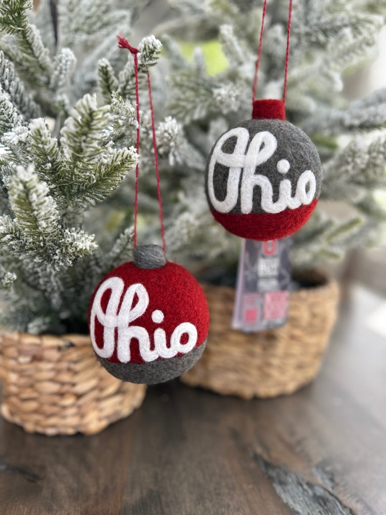 Script Ohio - Split scarlet and grey ornament with white script Ohio