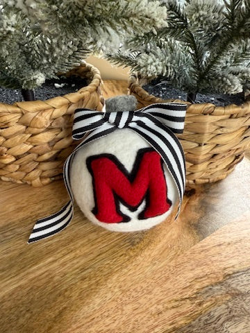 Miami University - Red varsity "M" and RedHawk on a white ornamnet