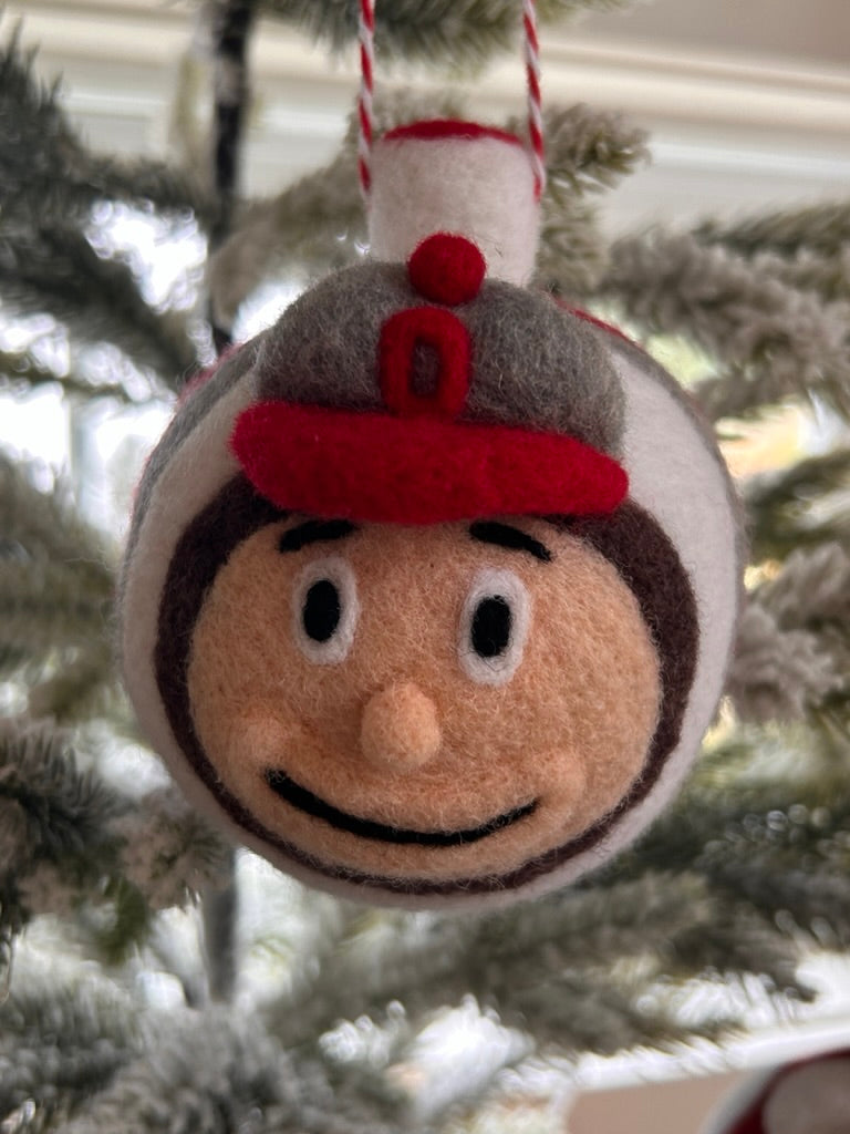 Brutus face and scarlet block "O" on white with buckeye leaf
