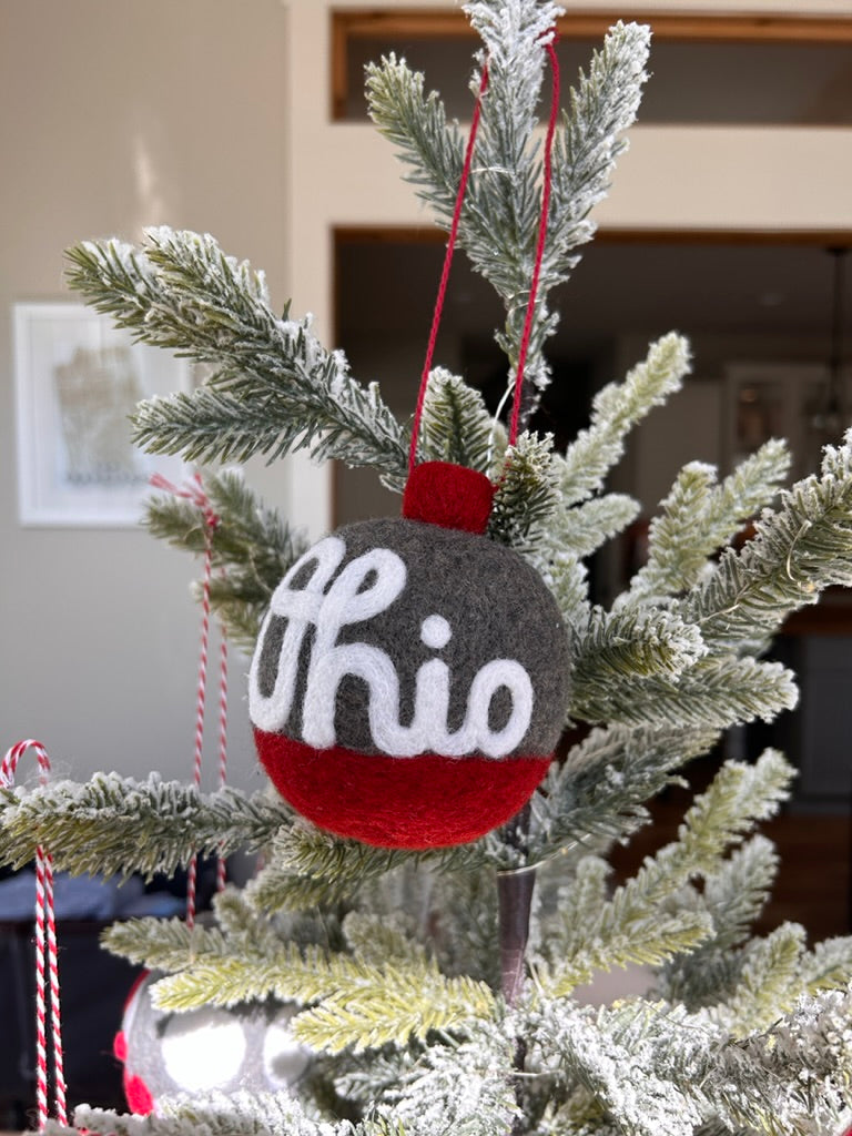 Script Ohio - Split scarlet and grey ornament with white script Ohio
