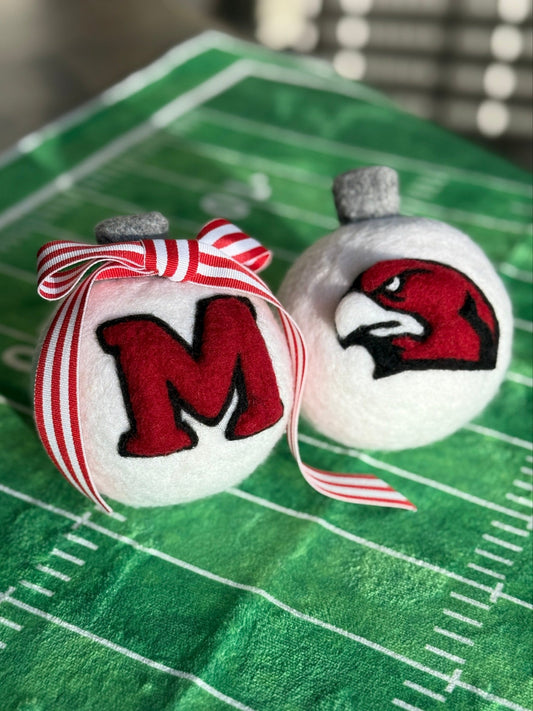 Miami University - Red varsity "M" and RedHawk on a white ornamnet