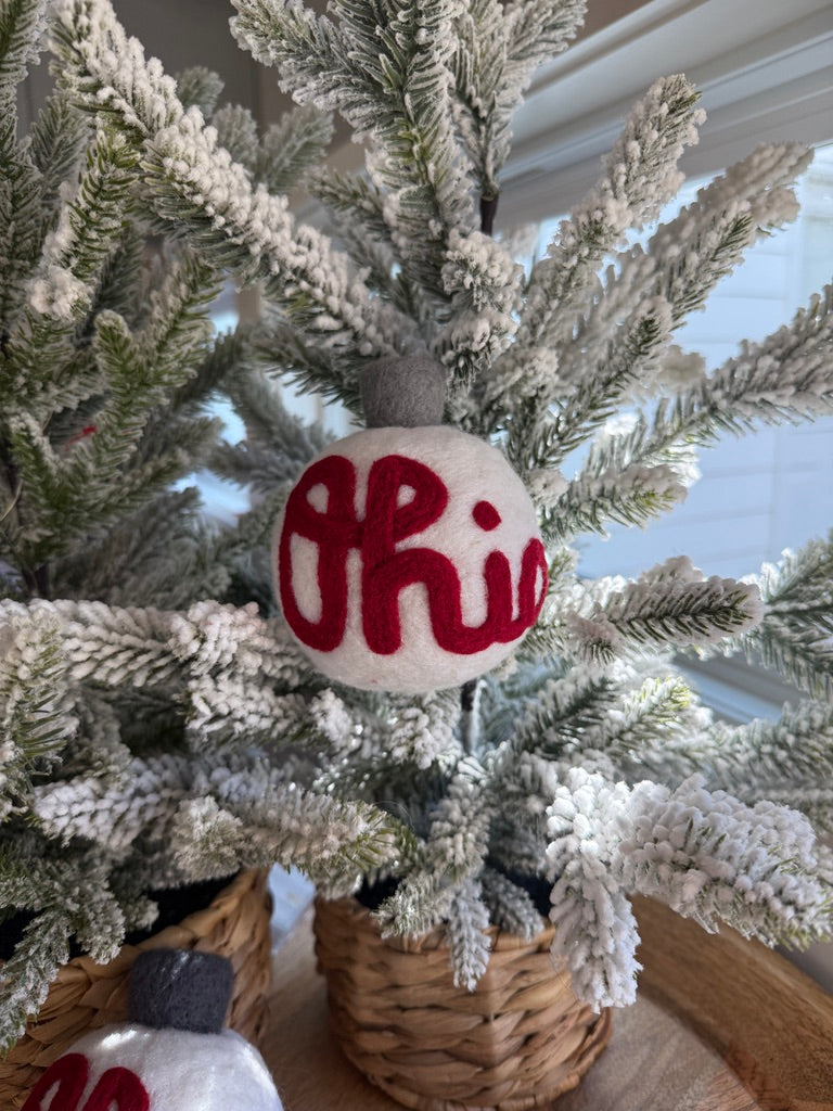 Script Ohio - White ornament with scarlet script Ohio